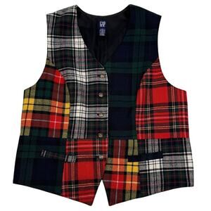 Vintage GAP Plaid Patchwork Vest Wool Blend Heritage Preppy 90s Size L